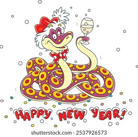 Happy New Year greeting card with a funny spotted snake wearing a Santa hat, a holiday bow and rising a wine glass, vector cartoon illustration isolated on a white background