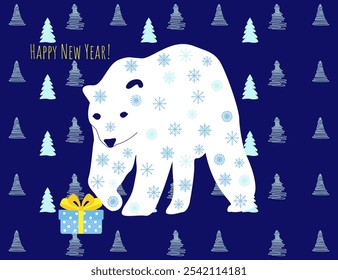 Happy New Year greeting card, polar bear with a gift on a dark blue background of fir trees, vector drawing