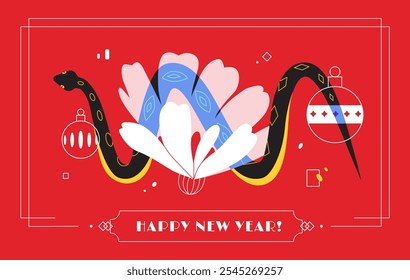 Happy New Year. Greeting card design on a bold red background with stylized black and gold snake wrapping around a large white flower. Vibrant festive illustration