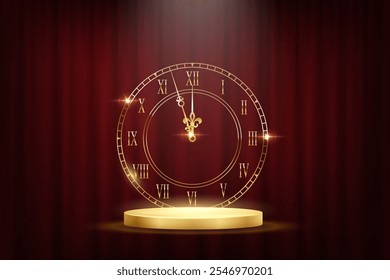 Happy New Year greeting card vector background. Gold clock face with midnight time, glow light effects and golden podium on dark red curtains backdrop. Luxury festive horizontal banner, poster, card.