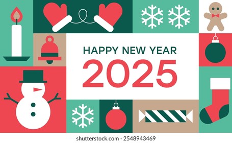 Tarjeta de felicitación feliz año Nuevo 2025. Navidades de fondo geométrico. Patrón sin fisuras con iconos tradicionales simples, diseño gráfico de año nuevo. Ilustración vectorial moderna