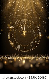 Feliz año Nuevo tarjeta de felicitación de Vector de fondo. Reloj dorado con medianoche, caída de confeti, efectos de luz brillante y podio dorado en negro. Tarjeta de felicitación de Vertical festiva de lujo, Anuncio.