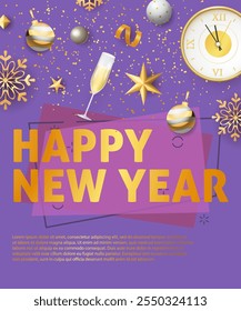 Happy New Year greeting card with sample text. New Year Day poster. Typed text, calligraphy. For leaflets, brochures, invitations or banners.