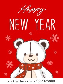 Happy new year greeting card, hand drawn white bear vector illustration