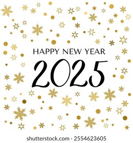 Happy New Year greeting card. Hand written numbers 2025. Gold Holidays pattern with gold snowflakes and dots. Typography poster. Vector template for your design projects