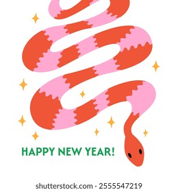 Happy new year greeting card with snake. Vector flat illustration of hand drawn reptile and stars. Symbol of chinese lunar 2025 new year