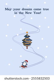 Happy New Year greeting card. A penguin on a sled coming down from the mountain. Cheerful illustration. Vector