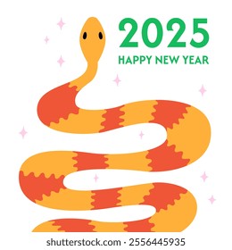 Happy new year greeting card with snake. Vector flat illustration of hand drawn reptile and stars. Symbol of chinese lunar 2025 new year