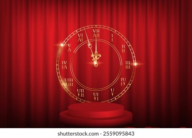 Happy New Year greeting card vector background. Gold clock face with midnight time, glow light effects and golden podium on red curtains backdrop. Luxury festive horizontal banner, poster, card.