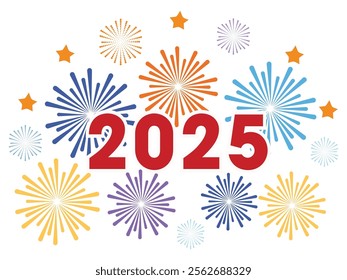 Happy New Year Greeting Card Design with 2025 Number with Colorful Fireworks Illustration.