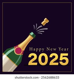 Happy New Year Greeting Card Design with Open Champagne Glass in Purple Background Illustration.