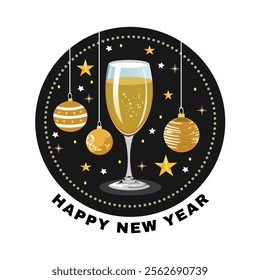 Happy New Year Greeting Card Design with Wine Glass and Baubles Decoration in Dark Background Vector Illustration.