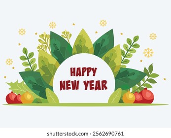 Happy New Year Greeting Card Design with Green Leaves and Baubles, Snowflake Decoration Vector Illustration.