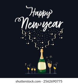 Happy New Year Greeting Card Design With Open Champagne Bottle Flying and Calligraphy Text in Dark Background Illustration.