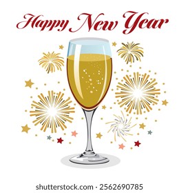 Happy New Year Greeting Card Design with Wine Glass in Golden Firework Background.