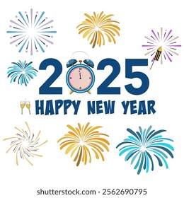 Happy New Year Greeting Card Design with Stylish 2025 Number with Clock and Colorful Fireworks in White Background.