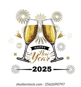 Happy New Year Greeting Card with Toast Champagne Glass in Fireworks Vector Illustration.