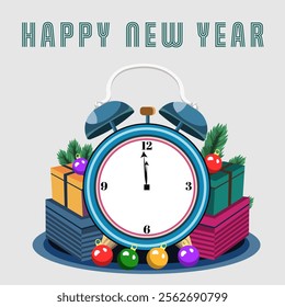 Happy New Year Greeting Card with Clock, Gift Boxes, For Leaves, Baubles Decoration White Background Illustration. 