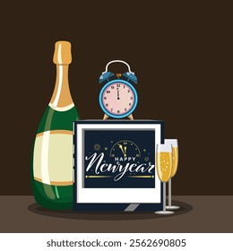 Happy New Year Greeting Card with Clock, Champagne Glass, Bottle in Brown Background Vector Illustration.