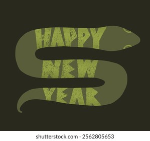 Happy new year greeting card with snake vector illustration. Hand drawn serpent with text. Lunar calendar symbol. Holiday lettering design.