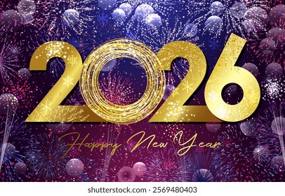 Happy New Year greeting card design with festive abstract backdrop and golden typography. 2026 eve celebrating. Beautiful shiny postcard. Gold, silver, blue and purple colors. Timeline story template.