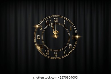 Happy New Year greeting card vector background. Gold clock face with midnight time and glow light effects on black curtains backdrop. Luxury festive horizontal banner, poster, card.