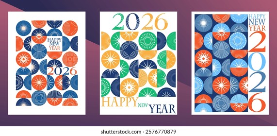 Happy New Year greeting card Set, 2026 Modern design typography invite posters, template, Layout, greeting flat design, banner. Simple shape Christmas tree balls 