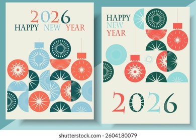 Happy New Year greeting card Set, 2026 Modern design typography invite posters, template, Layout, greeting flat design, banner. Simple shape Christmas tree balls	