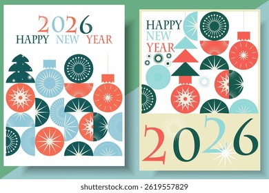 Happy New Year greeting card Set, 2026 Modern design typography invite posters, template, Layout, greeting flat design, banner. Simple  Christmas tree balls	