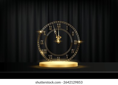 Happy New Year greeting card vector background. Gold clock face with midnight time, glow light effects and golden podium on black curtains backdrop. Luxury festive horizontal banner, poster, card.