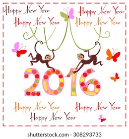 Happy New Year greeting card with cute monkeys, who put fruits in the digits 2016. Creative illustration. Butterflies like snowflakes. Vector drawing on white background. 