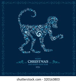 Happy New year greeting card with stylized curly monkey, symbol of year 2016