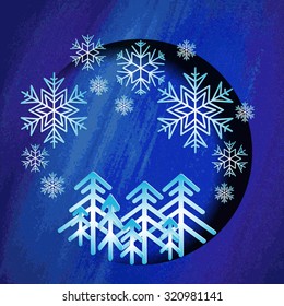 Happy New Year greeting card, snowflakes and christmas trees on a blue background, 3D paper, web design, vector, eps 10