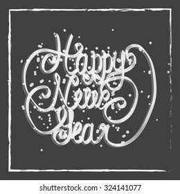 Happy New Year greeting card. Hand lettering. Handmade calligraphy, HNY logo.
Vector illustration. Dark gray background.