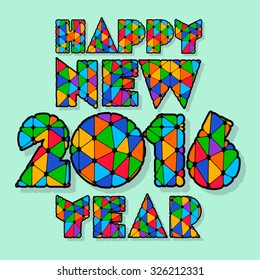 Happy new year greeting card with colorful patchwork letters