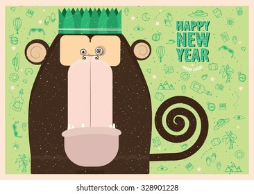 Happy New Year greeting card with monkey for travel people