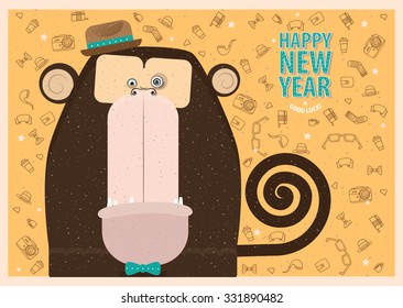 Happy New Year greeting card with monkey for fashion people