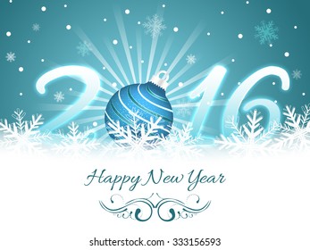 Happy New Year greeting card 2016. Vector illustration with snowflakes, glare and bauble for your wishes.