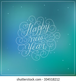 Happy new year - greeting card with hand-lettering type in calligraphic style with linear swirls and flourishes - vector illustration in white colors on blue background