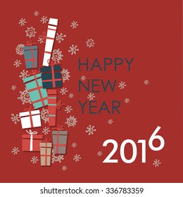 Happy new year  greeting card design element.  Vector. Holiday background. The inscription on a red background with gift box.