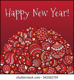 Happy New Year Greeting Card. Beautiful in retro style Christmas ball from balls illustration. Doodle ethnic stylized design.