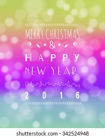 Happy New Year Greeting Card. Vector illustration. Blurred background with lights.
