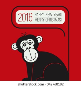 Happy new year greeting card with Monkey for 2016  year. Christmas background. 2016 calendar in vintage style. Chinese zodiac sign.