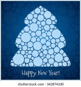 Happy New Year Greeting Card. Beautiful in retro style Christmas tree from balls illustration. Doodle ethnic stylized design.