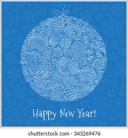 Happy New Year Greeting Card. Beautiful in retro style Christmas ball  from balls illustration. Doodle ethnic stylized design.