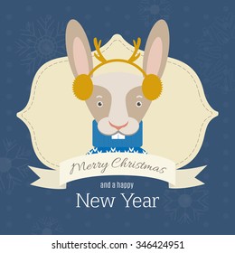 Happy New Year greeting card with cute bunny. Vector flat design style 