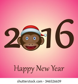 Happy New Year greeting card with monkey face and inscription. Festive banner. Vector illustration.