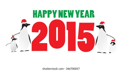 Happy new year greeting card with cute penguins. Vector illustration 