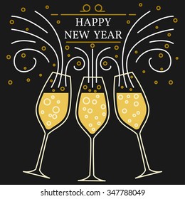 Happy new year greeting card. EPS10 vector. Champagne glasses thin line icons.