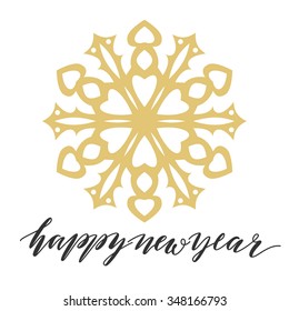 Happy new year greeting card with gold snowflake on white background